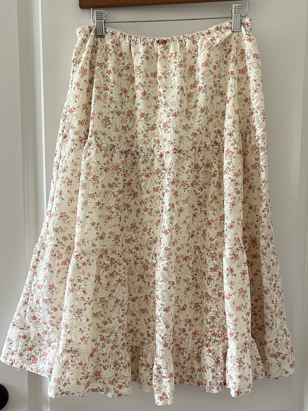 Lush Cream Midi Skirt with Pink Floral Print